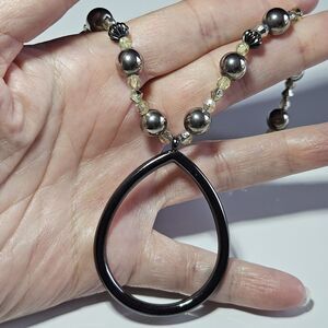 New York Silver Tone Beaded Necklace Teardrop Shaped Pendant 17-19"